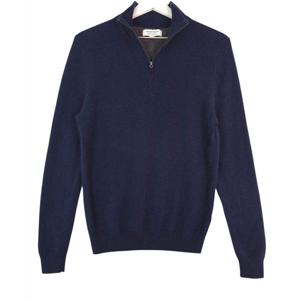 Nordstrom Quarter Zip Pullover Men Medium Navy Blue 100% Cashmere Soft Luxury